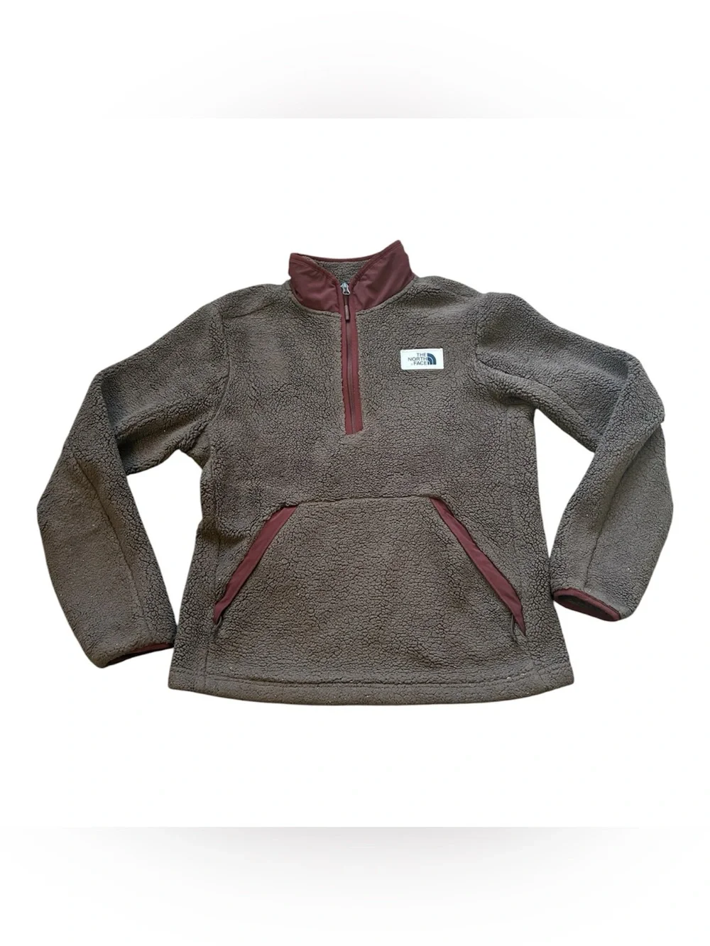 North Face Brown Sherpa Pullover with Maroon Trim